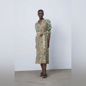 Zara printed midi dress in ecru, size small